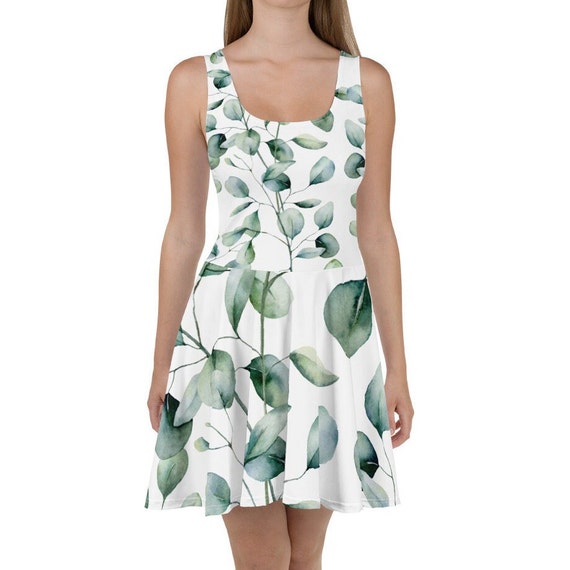Floral Eucalyptus Leaf Skater Dress: Sleeveless Spring Summer Dress Floral Eucalyptus Leaf Skater Dress: Sleeveless Spring Summer Dress
