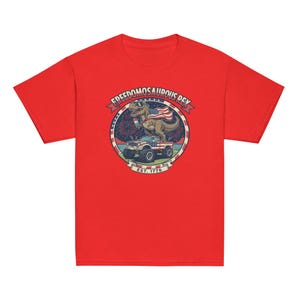 Fourth of July Dinosaur Youth T-Shirt, Independence Day Dinosaur Shirt, Cotton, OEKO-TEX certified low-impact dyes