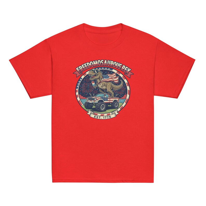 Fourth of July Dinosaur Youth T-Shirt, Independence Day Dinosaur Shirt, Cotton, OEKO-TEX certified low-impact dyes