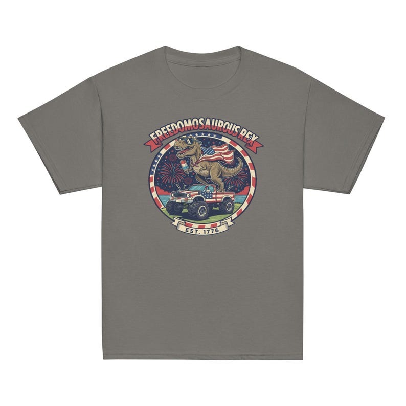 Fourth of July Dinosaur Youth T-Shirt, Independence Day Dinosaur Shirt, Cotton, OEKO-TEX certified low-impact dyes