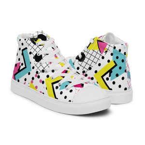 Women’s Neon Abstract Geometric Print High Top Canvas Shoes - Neon High Top Sneakers with Abstract Design for Women