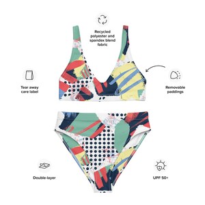 Bikini a vita alta con motivo dipinto astratto - Costume da bagno con motivo astratto multicolore per donna