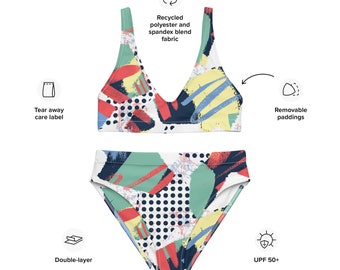 Bikini taille haute motif peinture abstraite - Maillot de bain motif abstrait multicolore pour femme