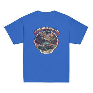 Fourth of July Dinosaur Youth T-Shirt, Independence Day Dinosaur Shirt, Cotton, OEKO-TEX certified low-impact dyes