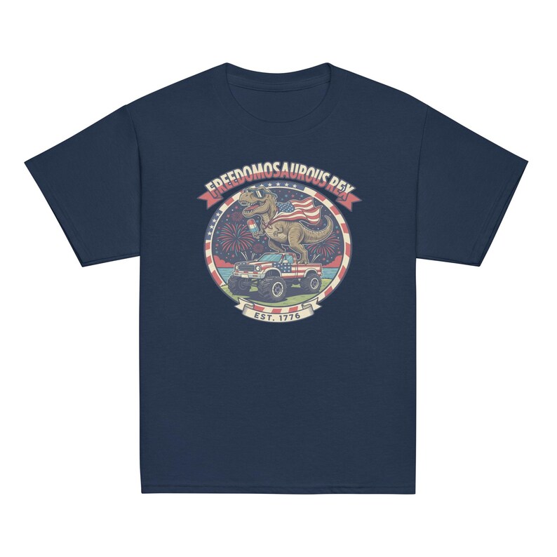 Fourth of July Dinosaur Youth T-Shirt, Independence Day Dinosaur Shirt, Cotton, OEKO-TEX certified low-impact dyes