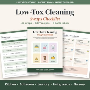 Non Toxic Cleaning Checklist Printable, Low Tox Home Swaps Room by Room, DIY Cleaner Recipes, Spray Bottle Labels, Natural Living PDF
