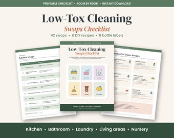 Non Toxic Cleaning Checklist Printable, Low Tox Home Swaps Room by Room, DIY Cleaner Recipes, Spray Bottle Labels, Natural Living PDF