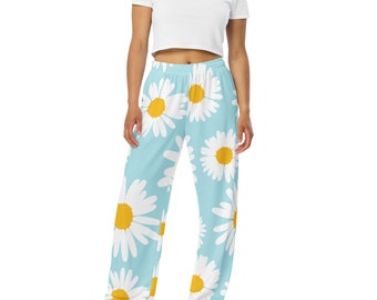 Daisy Print Unisex Wide-leg Pants - Pretty Flower Print Wide Leg Pants with Daisies - Comfy Floral Pants with Relaxed Fit