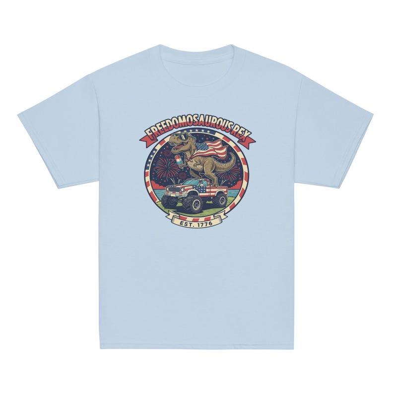 Fourth of July Dinosaur Youth T-Shirt, Independence Day Dinosaur Shirt, Cotton, OEKO-TEX certified low-impact dyes