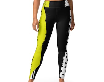 Leggings de yoga noir, blanc et jaune à imprimé animal - Leggings de yoga super doux et extensibles avec motif abstrait léopard