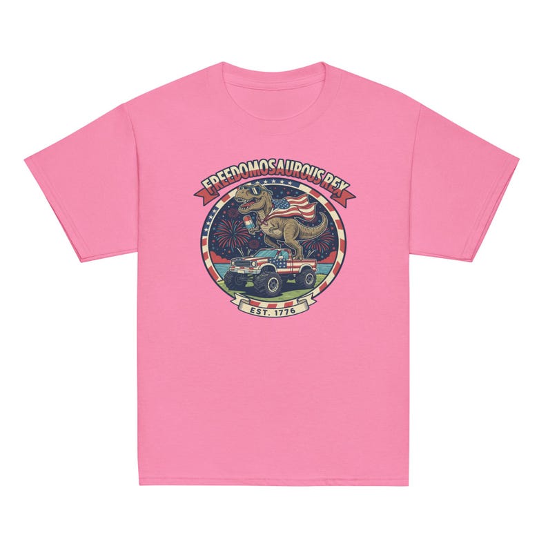 Fourth of July Dinosaur Youth T-Shirt, Independence Day Dinosaur Shirt, Cotton, OEKO-TEX certified low-impact dyes