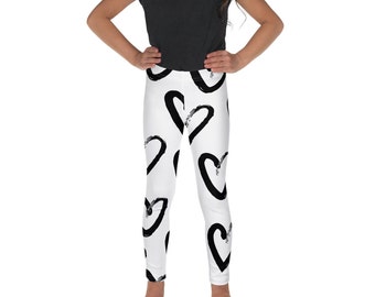 Leggings enfant noir et blanc imprimé coeurs - Leggings coeurs mignons pour enfant de 2 à 7 ans