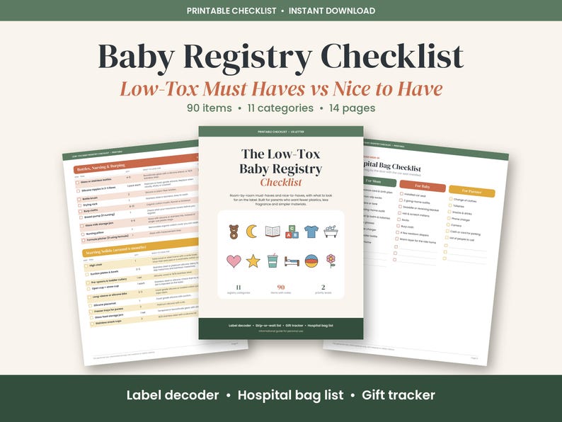 Baby Registry Checklist Printable, Low Tox Must Haves vs Nice to Have, Newborn Essentials List, Hospital Bag Checklist PDF image 1