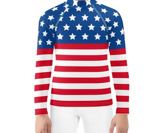 American Flag Rash Guard for Kids - 4th of July Swimwear - Red White and Blue Swim Shirt