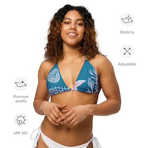 Ocean Themed Recycled String Bikini Top - Under the Sea Beach Pattern Bathing Suit Top for Women