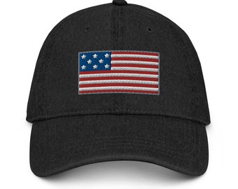 American Flag Embroidered Denim Hat - Denim Hat with US Flag - Patriotic Denim Cap - 4th of July Hat