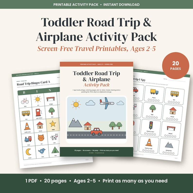 Toddler Road Trip Activities Printable, Airplane Activity Pack for Kids 2-5, Travel Busy Book, Car Bingo, I Spy, Coloring PDF image 2