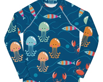 Rashguard pour jeunes à imprimé méduses et animaux marins - Rashguard pour jeunes sous-marins - Rashguard pour enfants avec animaux marins