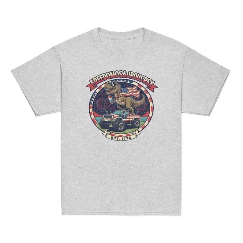 Fourth of July Dinosaur Youth T-Shirt, Independence Day Dinosaur Shirt, Cotton, OEKO-TEX certified low-impact dyes