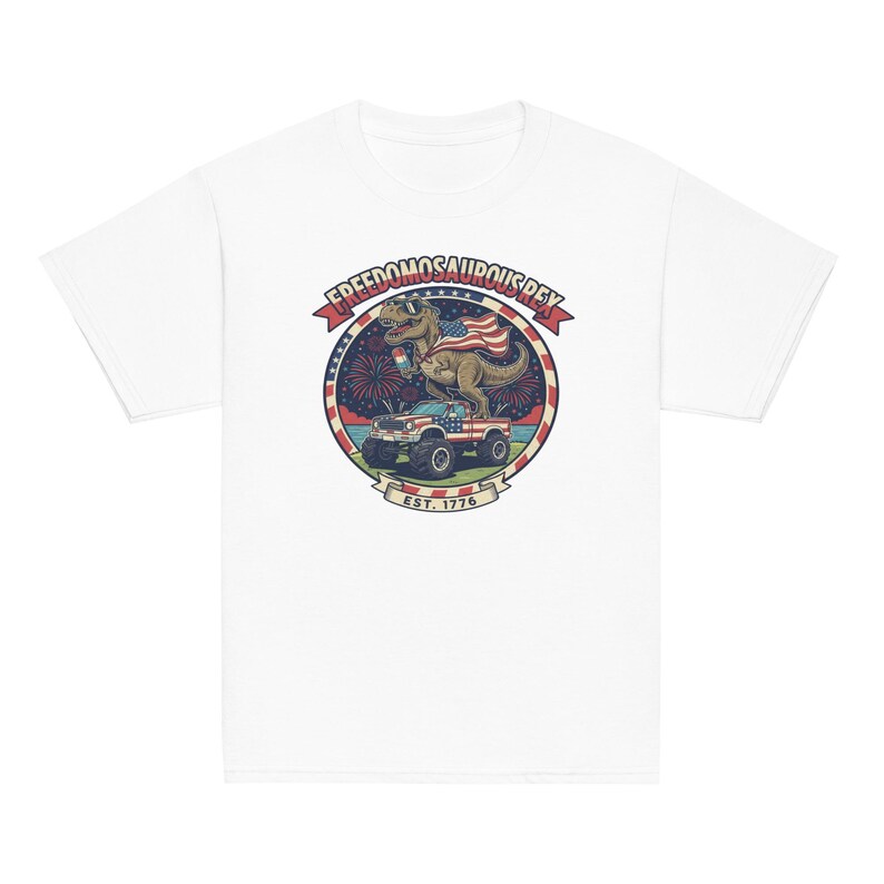 Fourth of July Dinosaur Youth T-Shirt, Independence Day Dinosaur Shirt, Cotton, OEKO-TEX certified low-impact dyes