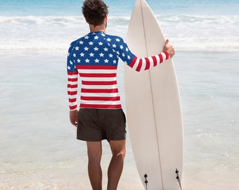 American Flag Men's Rash Guard - 4th of July Rash Guard - Independence Day Swimwear