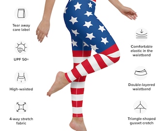 Leggings de yoga drapeau américain - Leggings de yoga super doux et extensibles avec des étoiles et des rayures rouges, blanches et bleues