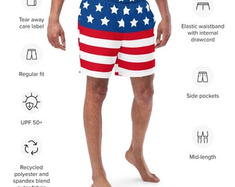 American Flag Recycled Swim Trunks - 4th of July Bathing Suit for Men