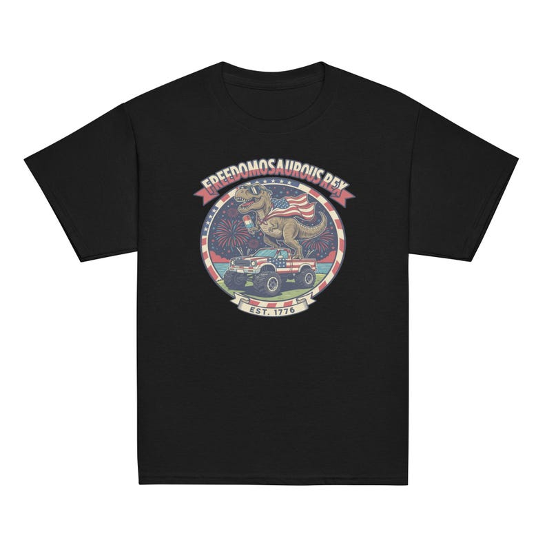 Fourth of July Dinosaur Youth T-Shirt, Independence Day Dinosaur Shirt, Cotton, OEKO-TEX certified low-impact dyes