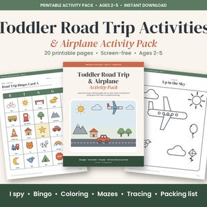 Toddler Road Trip Activities Printable, Airplane Activity Pack for Kids 2-5, Travel Busy Book, Car Bingo, I Spy, Coloring PDF image 1