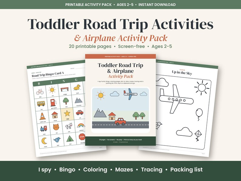 Toddler Road Trip Activities Printable, Airplane Activity Pack for Kids 2-5, Travel Busy Book, Car Bingo, I Spy, Coloring PDF image 1