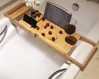 Oak Bath Caddy Bath Tray with Wine Glass Towel and Phone Holders Wooden Bath Decor Bathtub Shelf Bathroom Accessories Bath Board Cup Holder