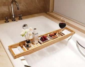 Oak Bath Caddy Bath Tray with Wine Glass Towel and Phone Holders Wooden Bath Decor Bathtub Shelf Bathroom Accessories Bath Board Cup Holder