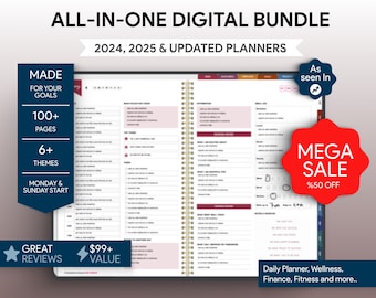 Può includere: Un pacchetto di planner digitali con un design rosa e oro. Il pacchetto include planner 2024 e 2025, oltre a planner aggiornati. Il pacchetto è pensato per i tuoi obiettivi e include oltre 100 pagine, oltre 6 temi e un inizio il lunedì e la domenica. Il pacchetto è in vendita con uno sconto del 50%.