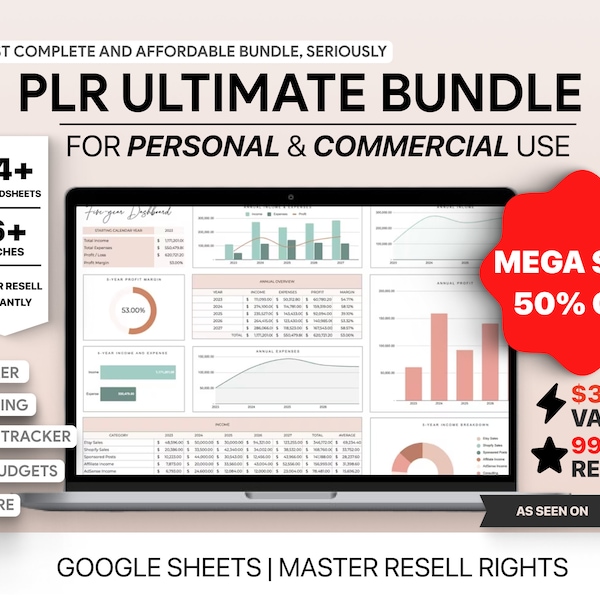 Master Resell Rights Spreadsheets Bundle for Google Sheets Commercial Use PLR Budget Templates PLR Planner Private Label
