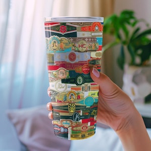 Cigar Lounge Tumbler | Cigar Labels Collage | Insulated 20oz Mug with Classic Cigar Band Art | New World Tobacco Brands