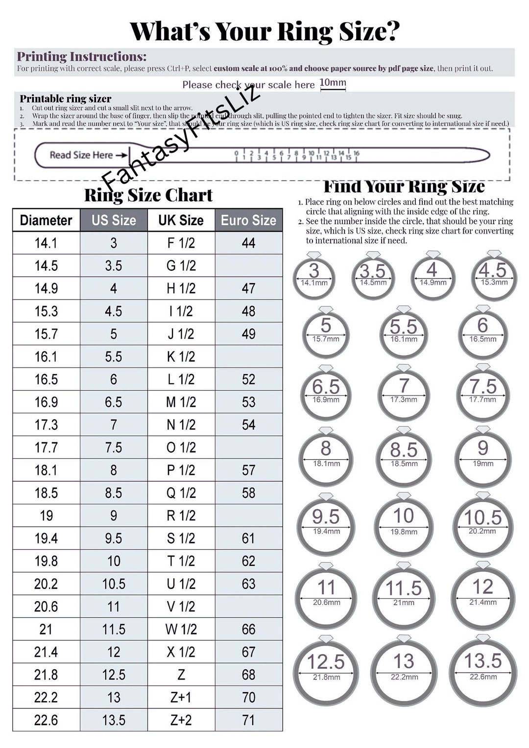 Printable Diamond Ring Sizer Universal Ring Size Finder Measure ...