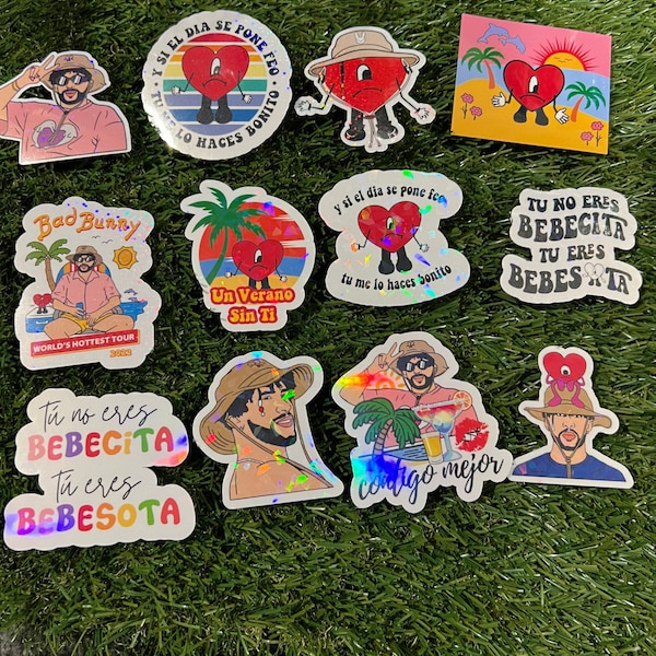 12 pack of bad bunny holo shiny stickers, bad bunny stickers, bad bunny un verano sin ti sticker pack, bad bunny stickers free shipping