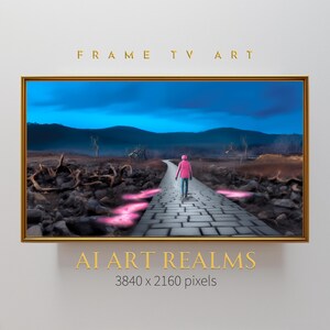 May include: A person in a pink jacket walks down a stone path with glowing pink lights. The path leads through a rocky landscape with mountains in the distance. The sky is a deep blue with clouds. The image is titled "AI Art Realms" and has a resolution of 3840 x 2160 pixels.