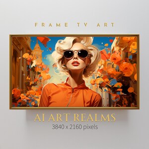 Könnte beinhalten: Ein digitales Gemälde einer Frau mit blonden Haaren, die eine Sonnenbrille und eine orangefarbene Jacke trägt. Der Hintergrund ist eine Stadtstraße mit bunten Blumen und Regenschirmen.