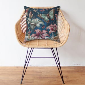 Floral Butterfly Throw Pillow , Watercolor Butterfly and Flower Cushion, Cottagecore Nature Decor Farmhouse Accent