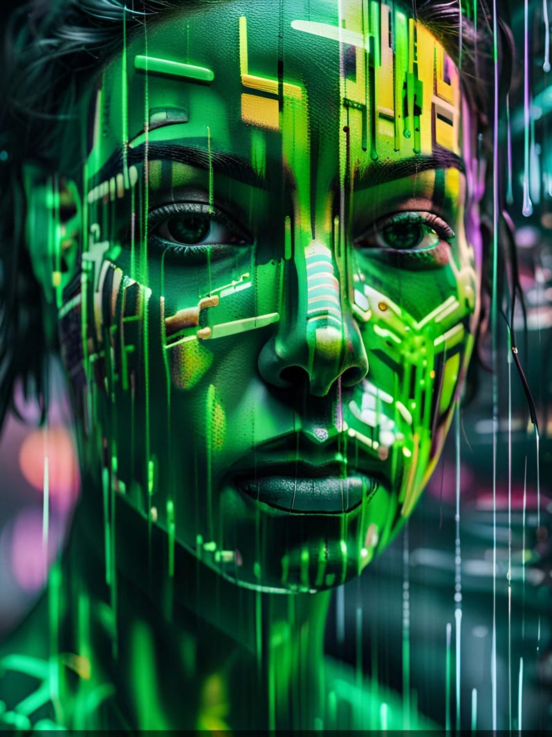 K&ouml;nnte beinhalten: Nahaufnahme eines Gesichts mit gr&uuml;ner und gelber Farbe, die einem Schaltkreis &auml;hnelt. Die Augen der Person sind sichtbar und der Hintergrund ist verschwommen.