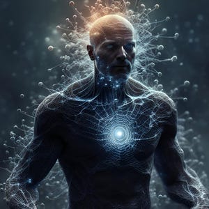 May include: A digital art illustration of a person with a glowing blue and white light emanating from their chest. The person's head is surrounded by a halo of light and small orbs.