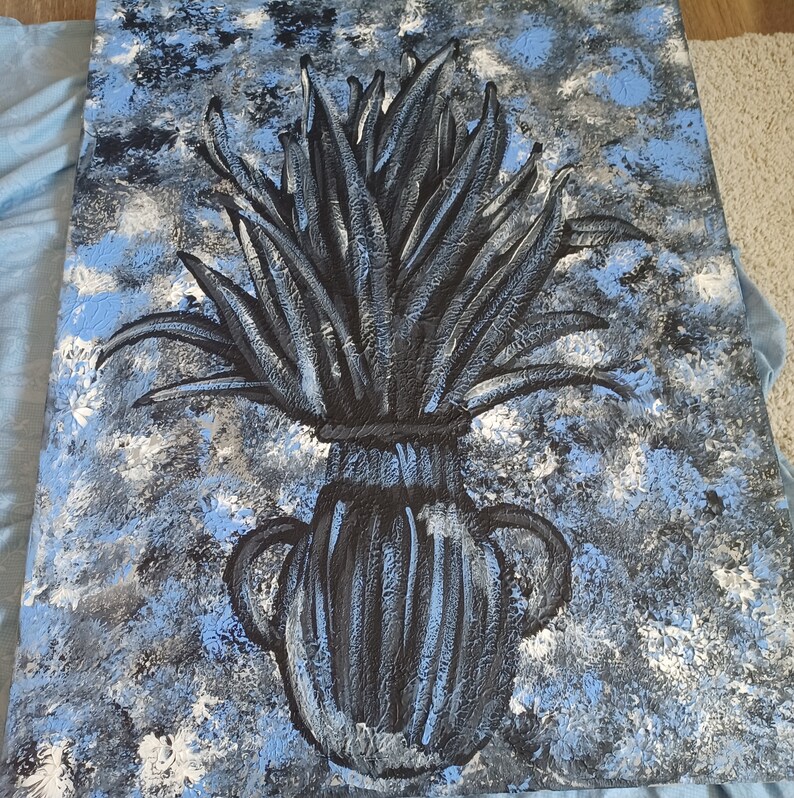 May include: A black and white painting of a plant in a vase. The plant has long, thin leaves and is set against a blue and white background.