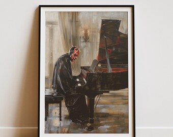 May include: A painting of a person wearing a red Darth Vader mask playing a grand piano in a room with a large window. The person is wearing a black outfit and is sitting on a black piano bench.