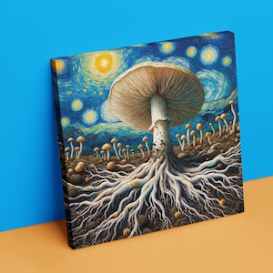 Mystical Mycelium - Majestic Mushroom Canvas Print, Starry Night van Gogh Fungi Art Nature-Inspired Mycological Wall Decor, Matte Canvas