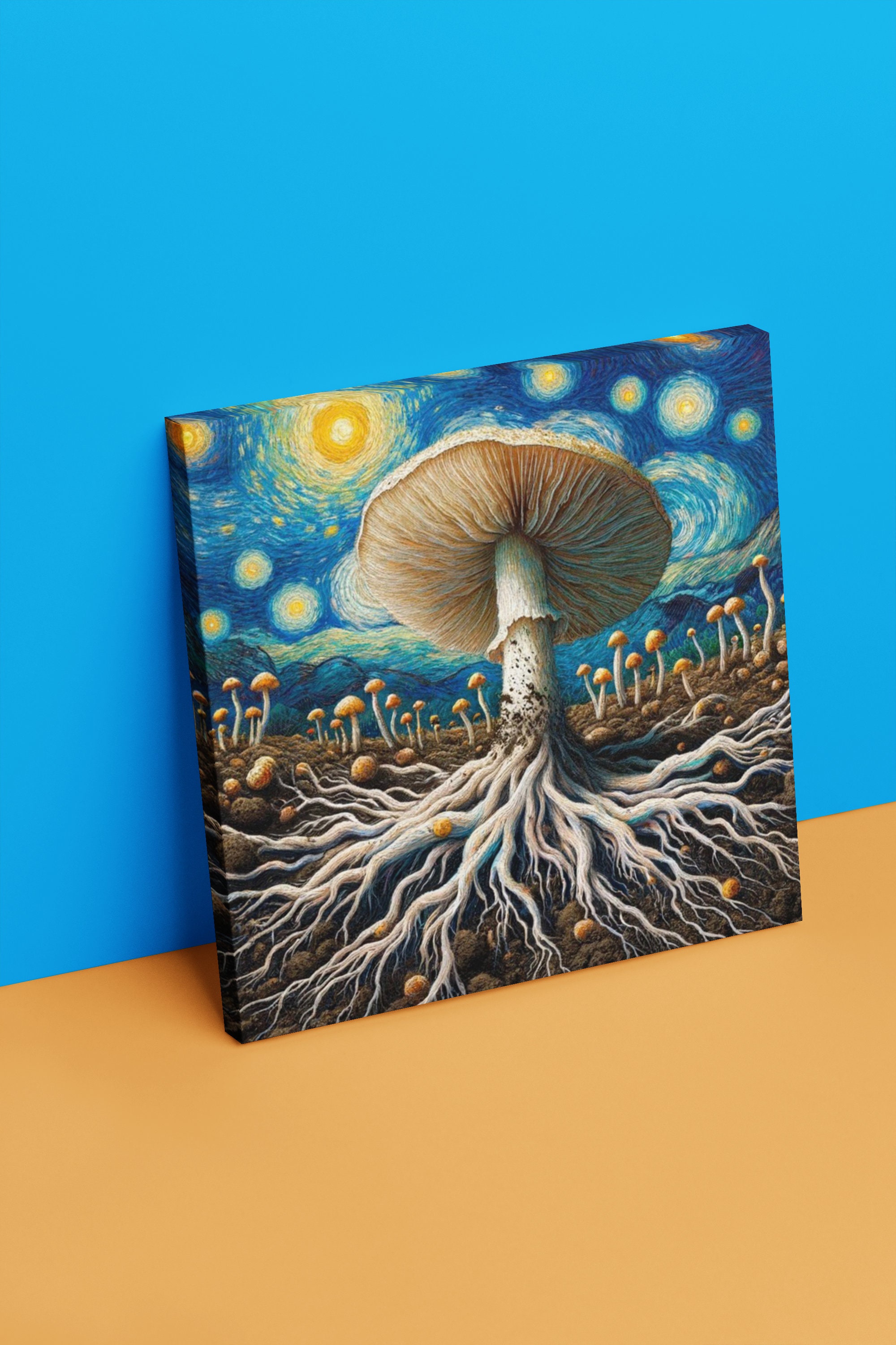 Mystical Mycelium - Majestic Mushroom Canvas Print, Starry Night van Gogh Fungi Art Nature-Inspired Mycological Wall Decor, Matte Canvas