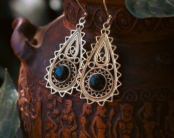 Messing oorbellen - Paisley Goddess - Onyx