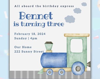 Train 3rd Birthday Party Digital Invite Template