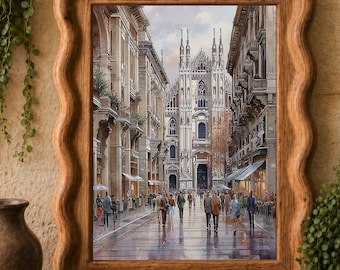 May include: A rectangular wall art piece featuring a wavy, light brown wooden frame. The print depicts a detailed street scene in Milan, Italy, showing people walking on a wet pavement toward the Duomo di Milano cathedral under a cloudy sky.