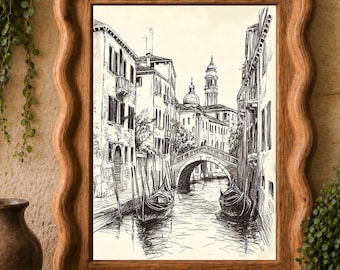 May include: A black and white ink drawing of a Venetian canal scene featuring two gondolas, historic buildings, and a stone bridge, enclosed within a light brown wooden frame with a wavy, scalloped edge design.